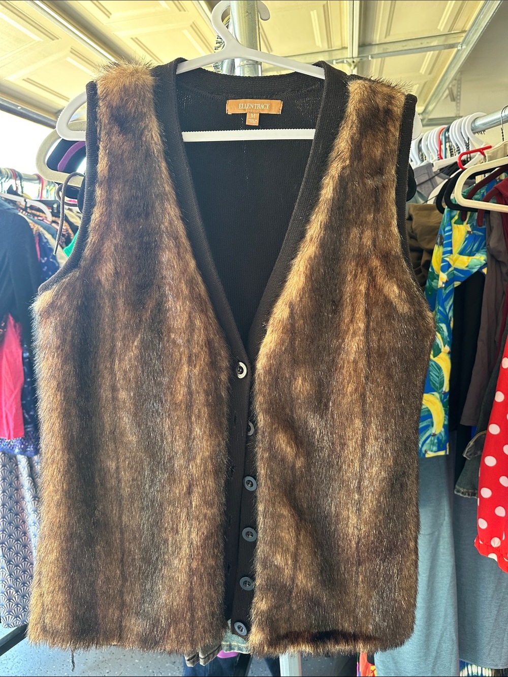 Ellen Tracy Brown Faux Fur Button-Front Vest